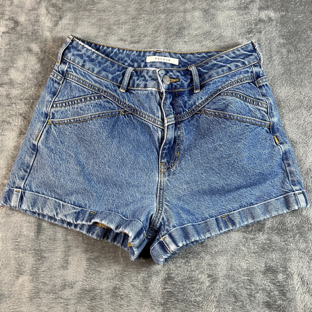 PacSun Mom Shorts Womens 27 Blue Denim Medium Wash Flat Front Cuffed Hem Casual
